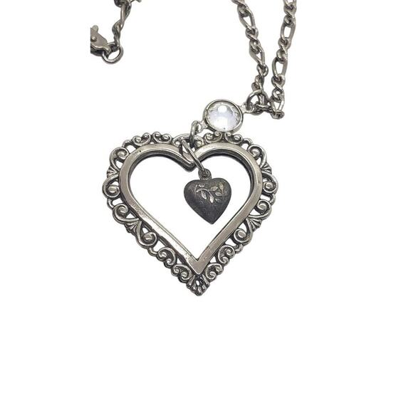 Vintage Puffy Heart Necklace Silver Filigree Ornate Openwork Swarovski Crystal - Picture 3 of 9